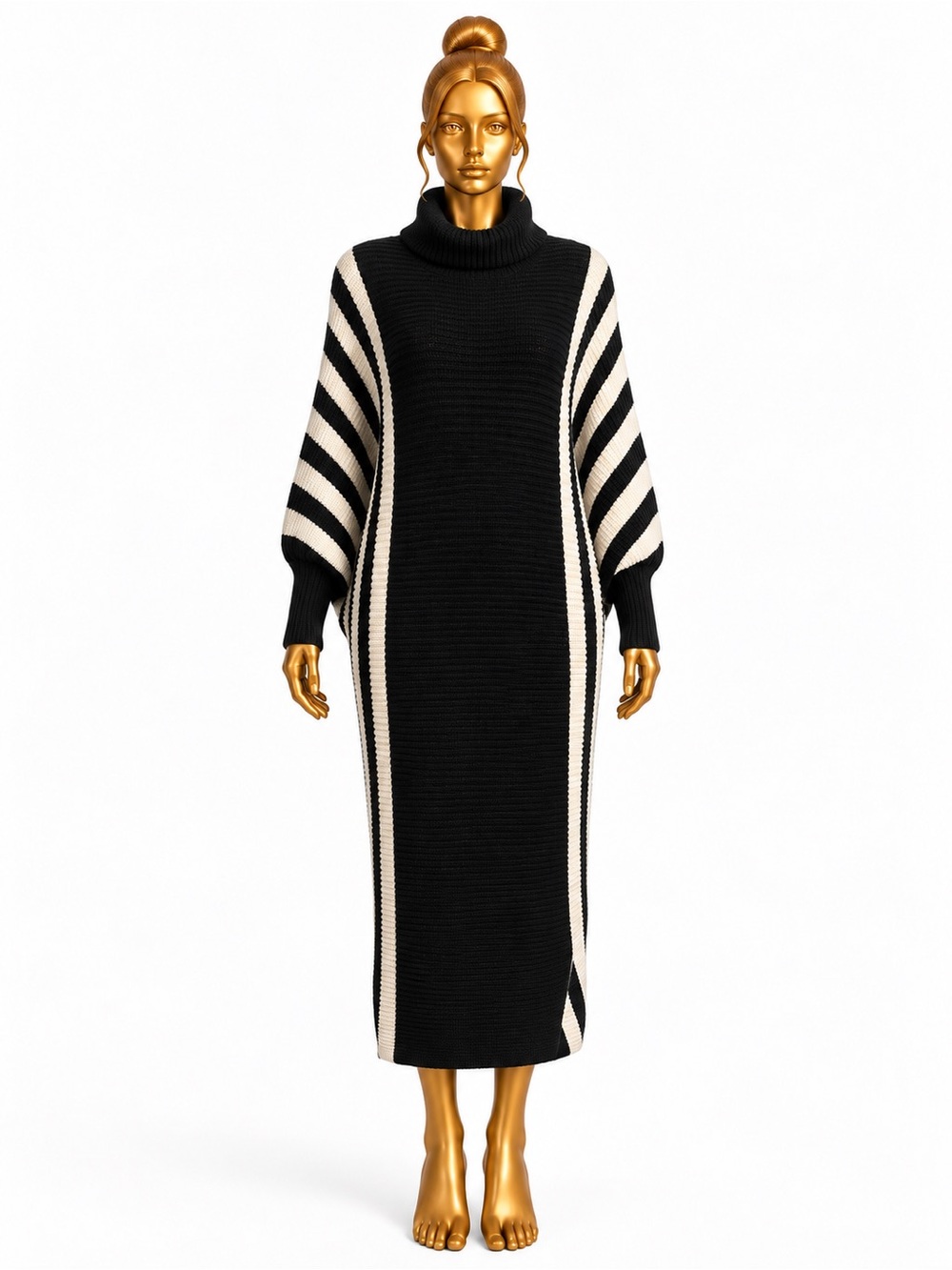 DAZY XL Black White Striped Turtleneck Sweater Maxi Dress Dolman Sleeve